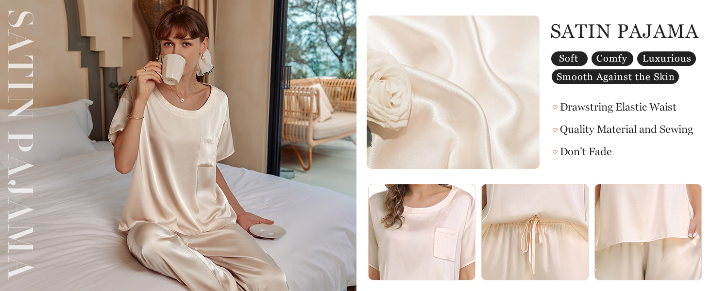 Ekouaer Womens Satin Silky Pajama Set Short Sleeve Shirt with Long Pajama Pant Set Soft PJ Loungewear, S-XXL 15