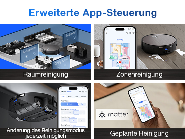Der Text lautet: 'Erweiterte App-Steuerung', 'Raumreinigung', 'Zonenreinigung', 'Geplante Reinigung'. Mehrere Screenshots der Benutzeroberfläche, die die Steuerungen und Reinigungsmodi der Roboterstaubsauger-App zeigen.