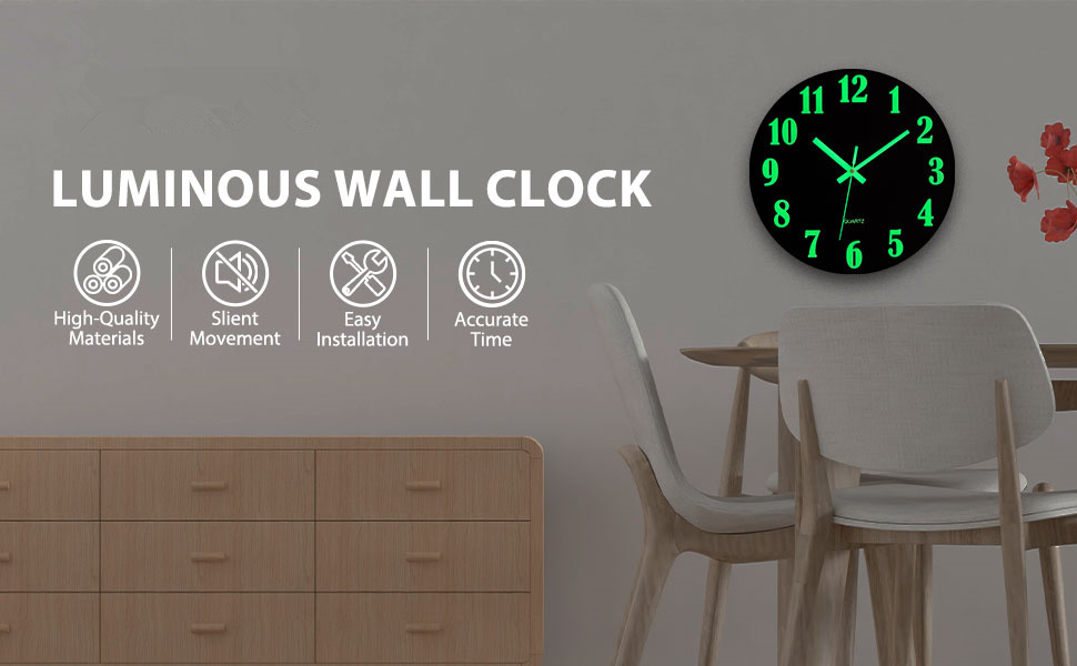 Wall Clock 12 Inch Black Luminous Wall Clocks Battery Operated Glow in The Dark
