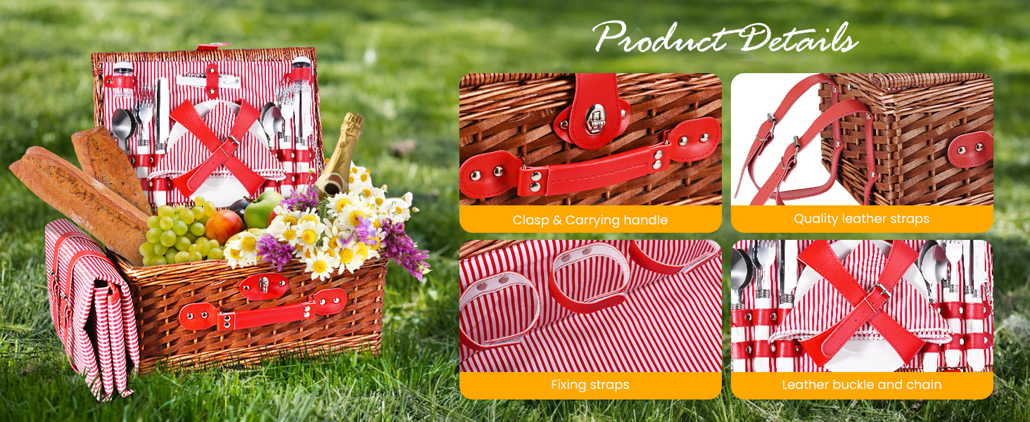 Wicker picnic basket with red and white checkered lining, containing food items and flowers. Multiple images show basket details including handles and closures.