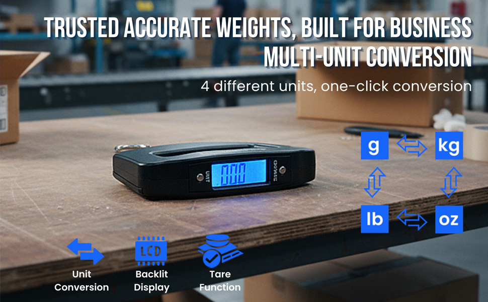 Close-up of handheld device on table, labeled scale for luggage, acting as a weighing scale