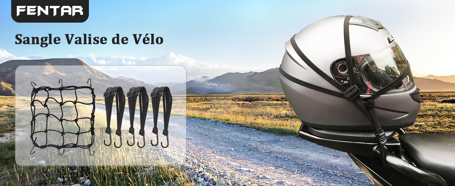 Le texte indique « FENTRA Sangle Valise de Vélo ». Images de produits montrant un filet de chargement élastique pour bagages de moto ou de vélo, présenté sur un siège de moto et dans des scénarios d'utilisation.