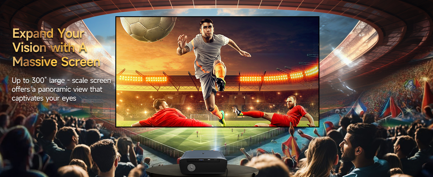Large television screen displaying a soccer match, with player leaping over goalkeeper. Surrounded by immersive crowd scene, emphasizing panoramic viewing experience.