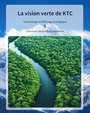 Vue aérienne d'une forêt verdoyante avec une rivière sinueuse. Superposition de texte : « La vision verte de KTC, Technologie d'affichage écologique & solutions de produits durables