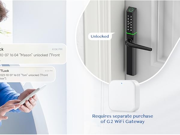 Smart door lock with keypad on a white door. Image shows a person using a smartphone, implying remote control or app integration for the lock.