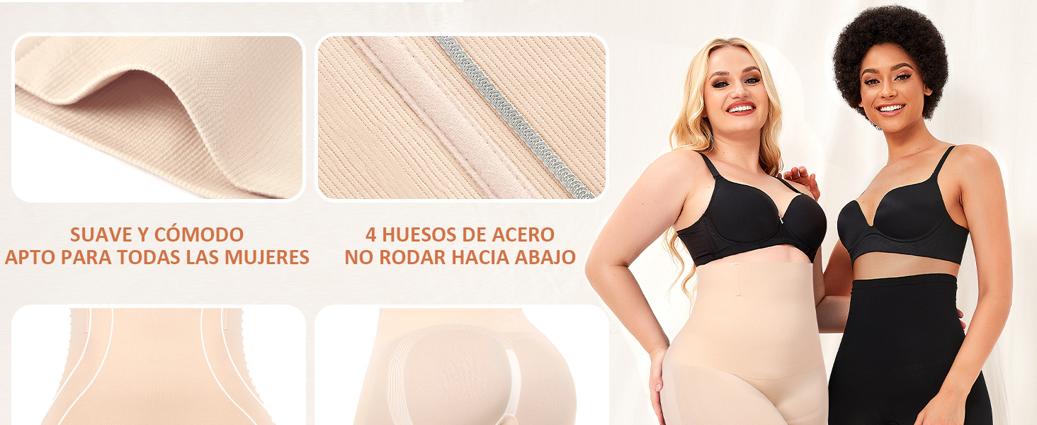 de color beige se muestra en varias vistas. Cuenta con 4 tirantes de acero y afirma ser suave, cómoda y adecuada para todos los tamaños