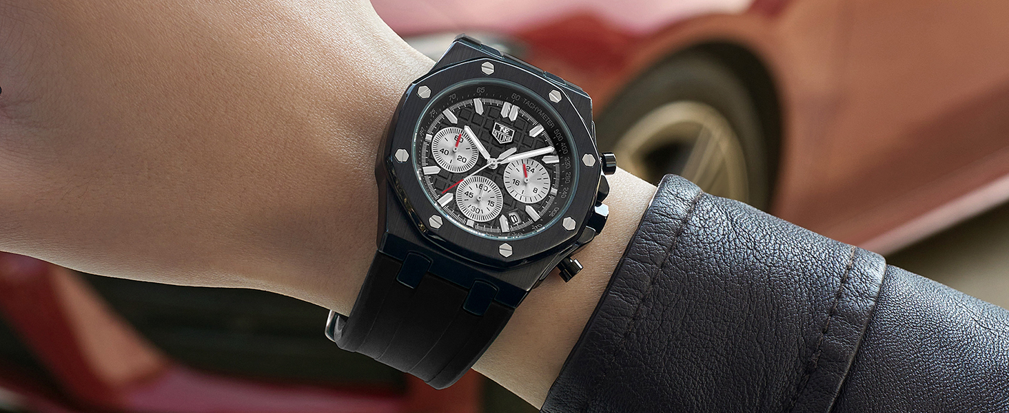 Mens Watch Waterproof Multifunction Chronograph Sports Watch for Men with Rubber Strap