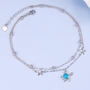 Blue Opal Sea Turtle Ankle Bracelet Sterling Silver Anklet Jewelry
