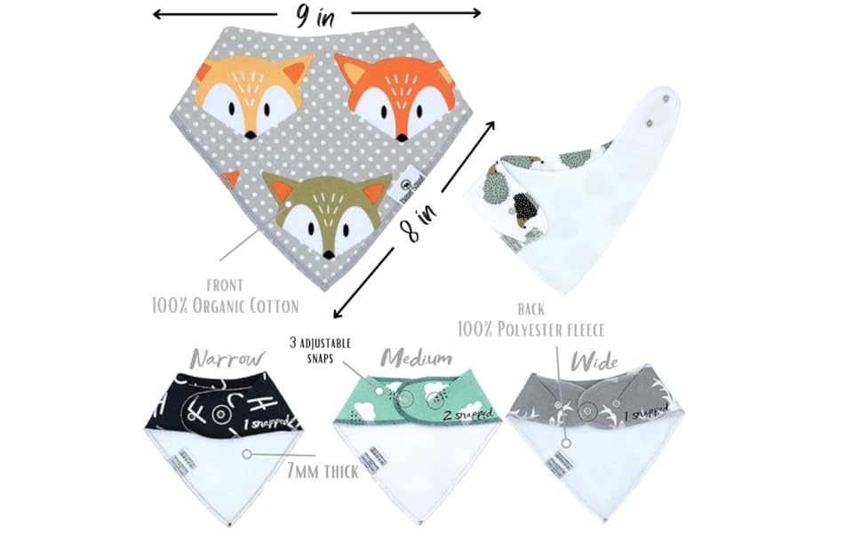 Photo showing the 9 inch width, and 8 inch length of the bibs & what snaps make which bib neck size