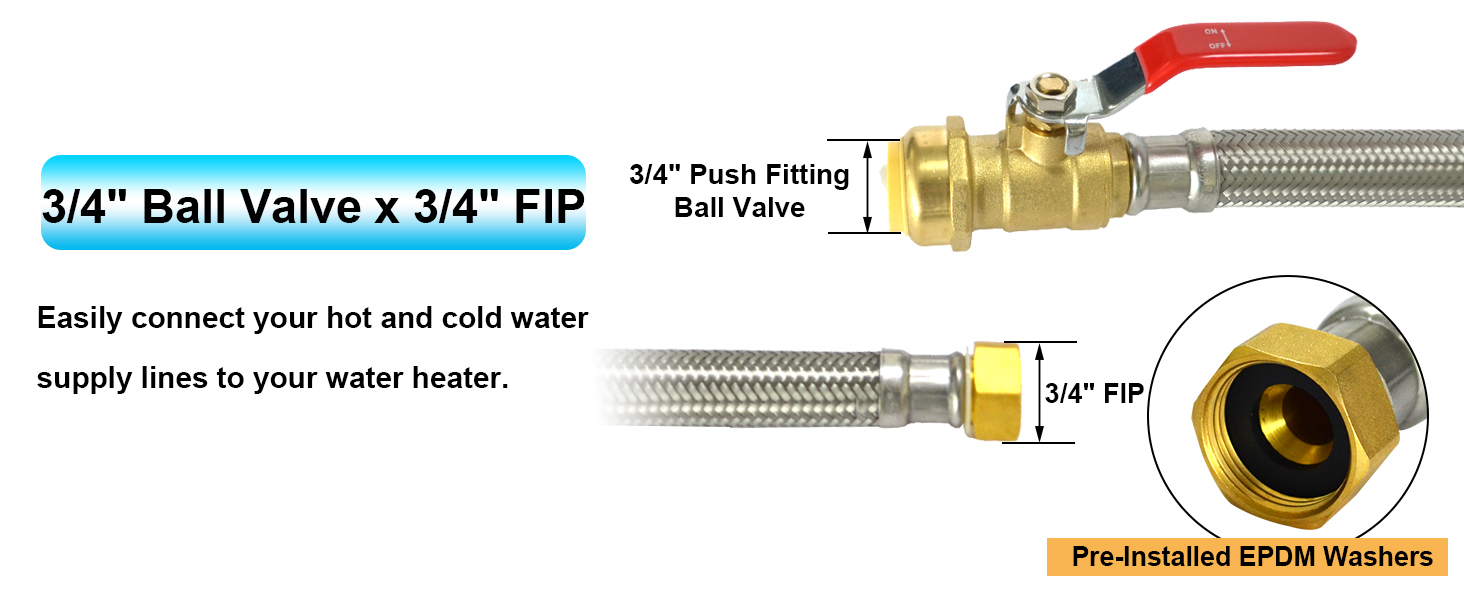 Stainless Steel Braided Flexible Water Heater Connector, Push To