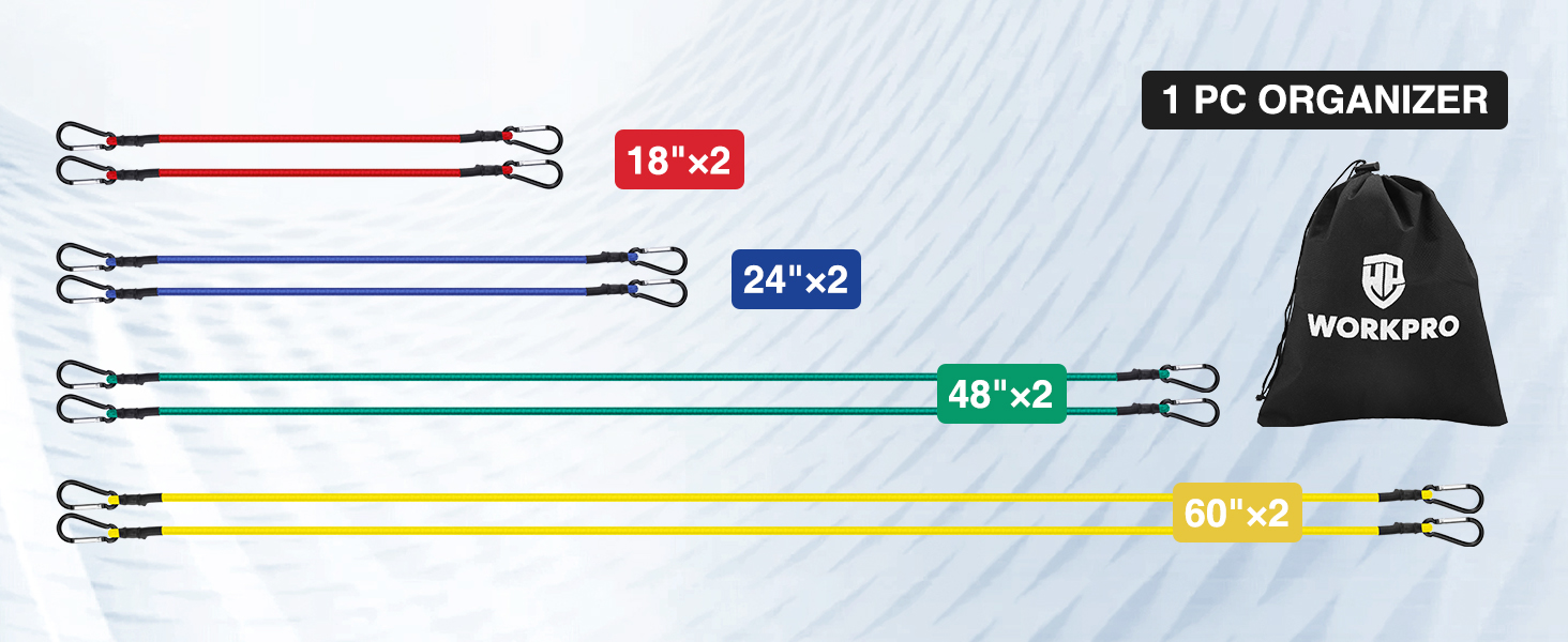 WORKPRO 8-Piece Bungee Cords with Aluminum Carabiner