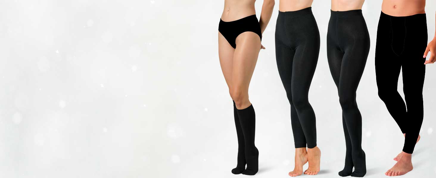 Cuatro mujeres vestidas con leggings y ropa interior negros, que muestran diferentes estilos, desde largos hasta cortos, desde la cintura hasta la mitad de la pantorrilla