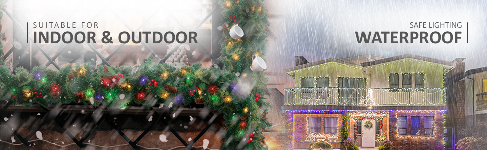 Text reads 'INDOOR & OUTDOOR' and 'WATERPROOF'. Image shows decorative holiday lights on house exterior and garden setting