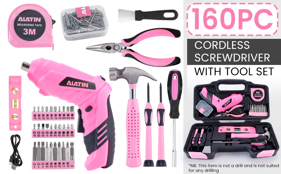 ALATIN 160pc Pink tool kit with 3.6V USB Electric
