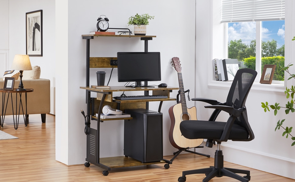 Topeakmart 3 Tiers Rolling Computer Desk with Power Outlet
