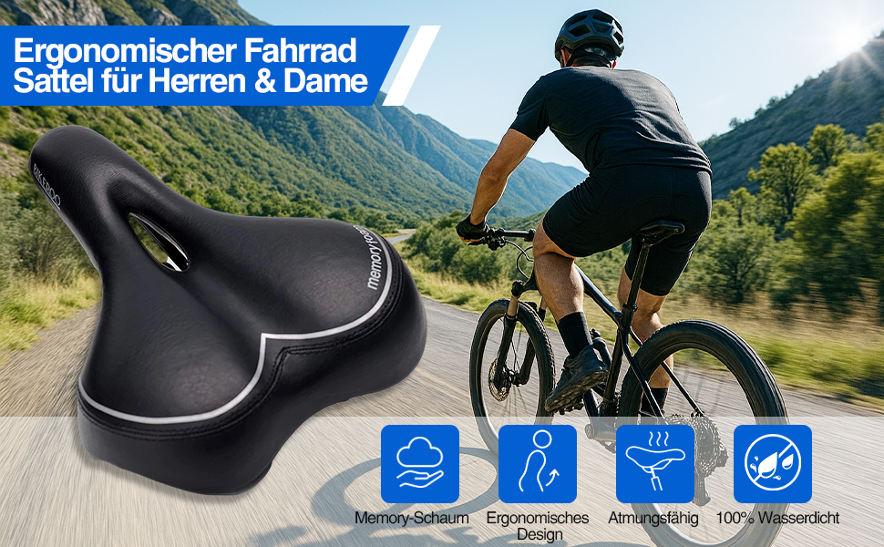 Der Text lautet „Ergonomischer Fahrrad“ und „Sattel für Herren & Dame“. Produktfotos von Fahrradsitzen mit Symbolen, die Funktionen und Radfahrer auf Bergwegen zeigen.