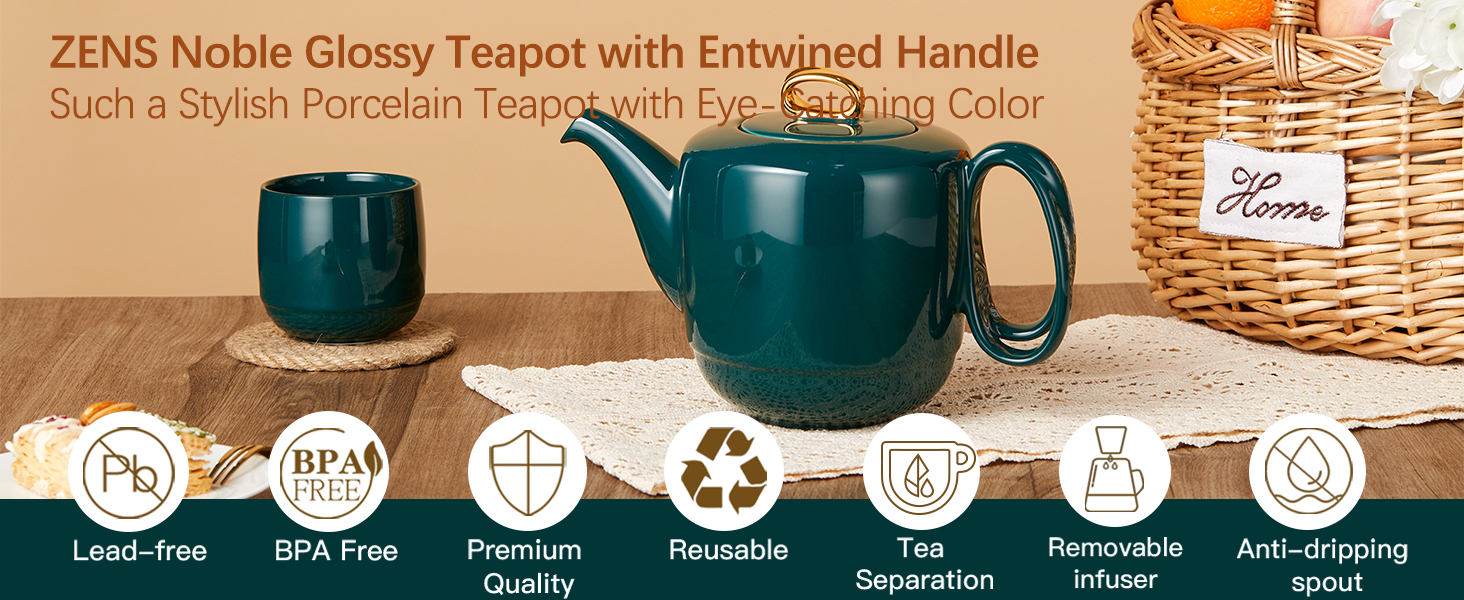 ZENS Teapot with Infuser,1000ML Porcelain Entwined Handle Loose Leaf