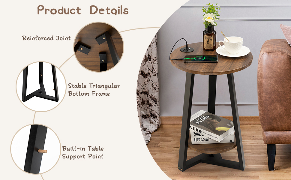 TINSAWOOD End Table with USB Ports and Outlet, Small Round
