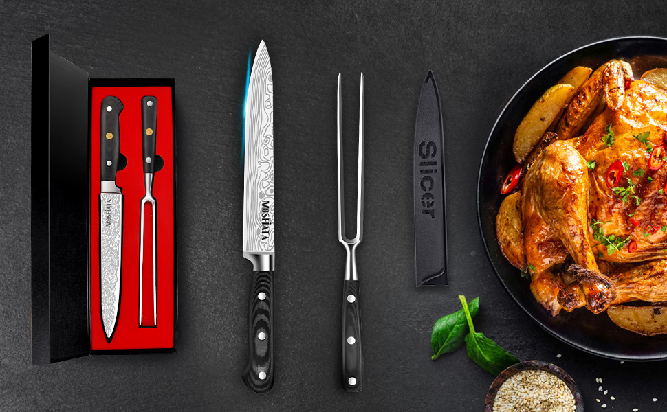 MOSFiATA 8" Carving Knife and 7" Fork Set Brisket Slicing Knife Premium