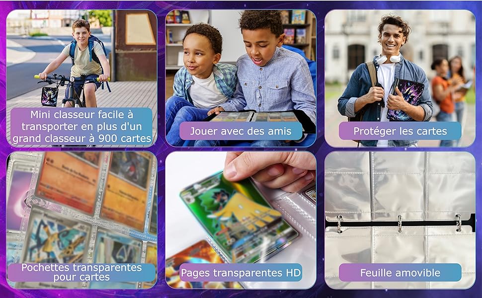 montrant un système de rangement de cartes avec des poches transparentes, des éléments de protection et des pages amovibles pour l'organisation et l'affichage des cartes à collectionner.