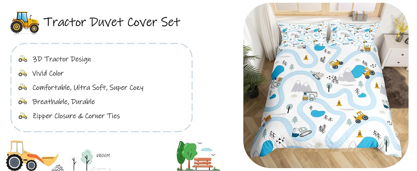 Erosebridal Cartoon Tractor Comforter Cover for Boys Truck Bed Set for