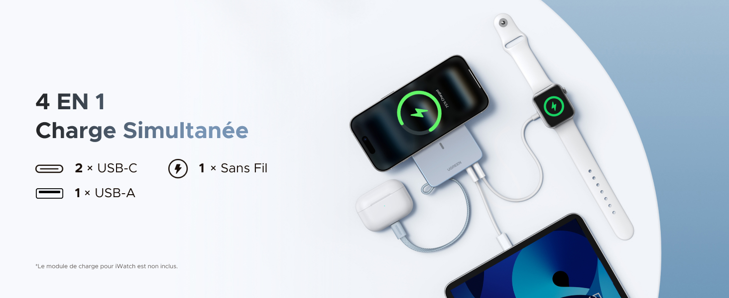 Le texte indique « 4 EN 1 Charge Simultanée ». Affichage de l'interface numérique affichant les indicateurs d'état de charge et les niveaux de batterie.