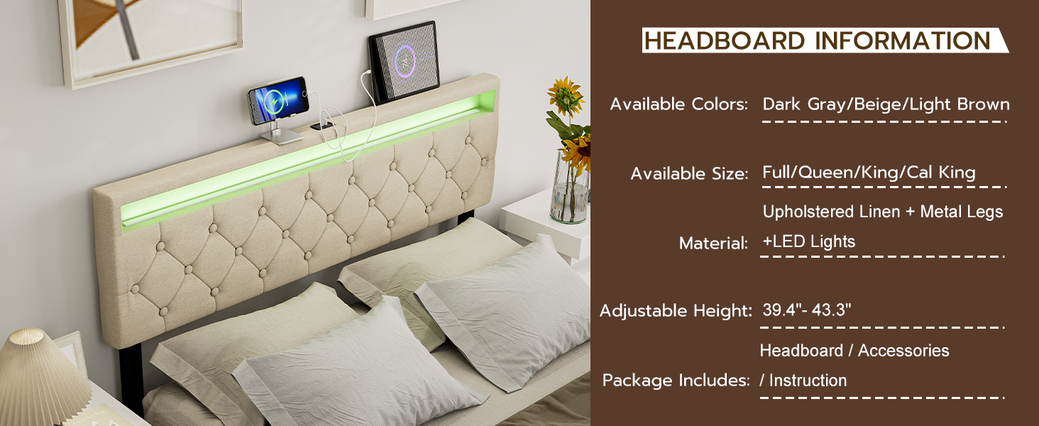 IKIFLY Upholstered Queen Size Headboard with LED Lights