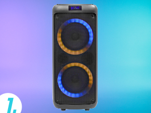 Altavoz portátil grande con dos altavoces circulares iluminados que emiten luz azul y naranja. La pantalla digital en la parte superior muestra «88». Revestimiento de malla negra en el panel frontal