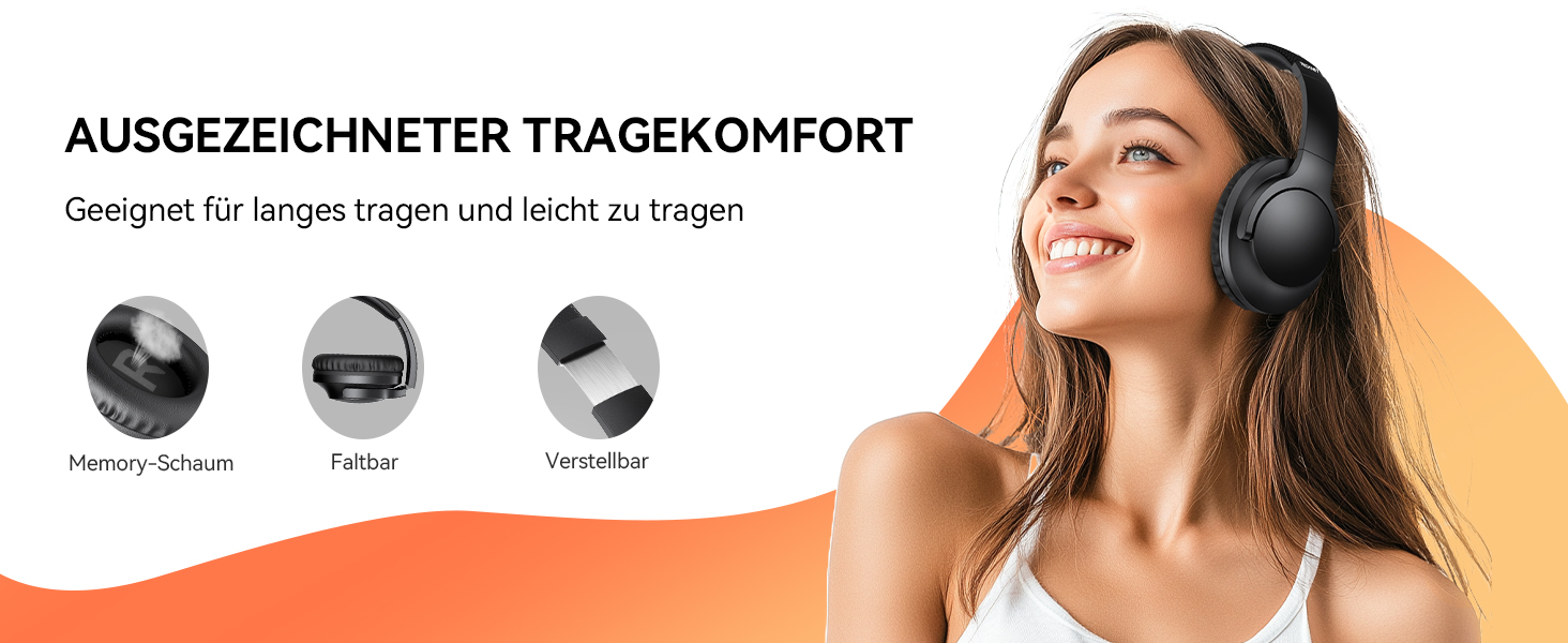 Over-Ear-Kopfhörer mit hervorgehobenen Komfortmerkmalen: Memory-Schaum, faltbares Design und verstellbarer Kopfbügel. Frau mit schwarzen Kopfhörern, lächelnd vor orangefarbenem Hintergrund