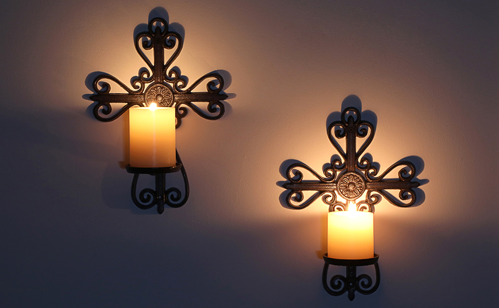 OwnMy Set of 2 Cast Iron Wall Candle Sconces Cross Shaped Hanging Pillar Candle