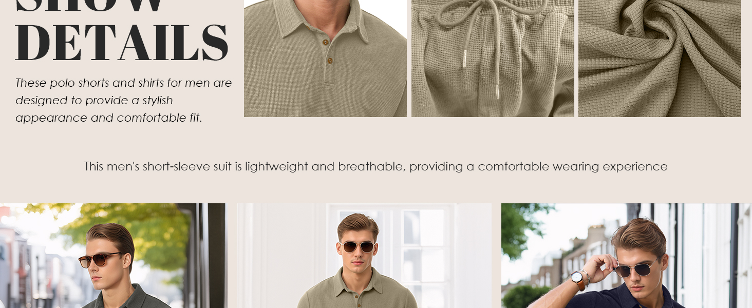Men's Summer Outfits Waffle Knit Polo Shirt and Shorts Set 2 Pieces Casual Tracksuit
