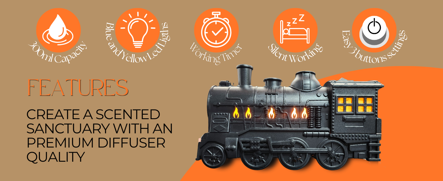 Di'Aroma Train Diffuser Features with a side view of the diffuser
