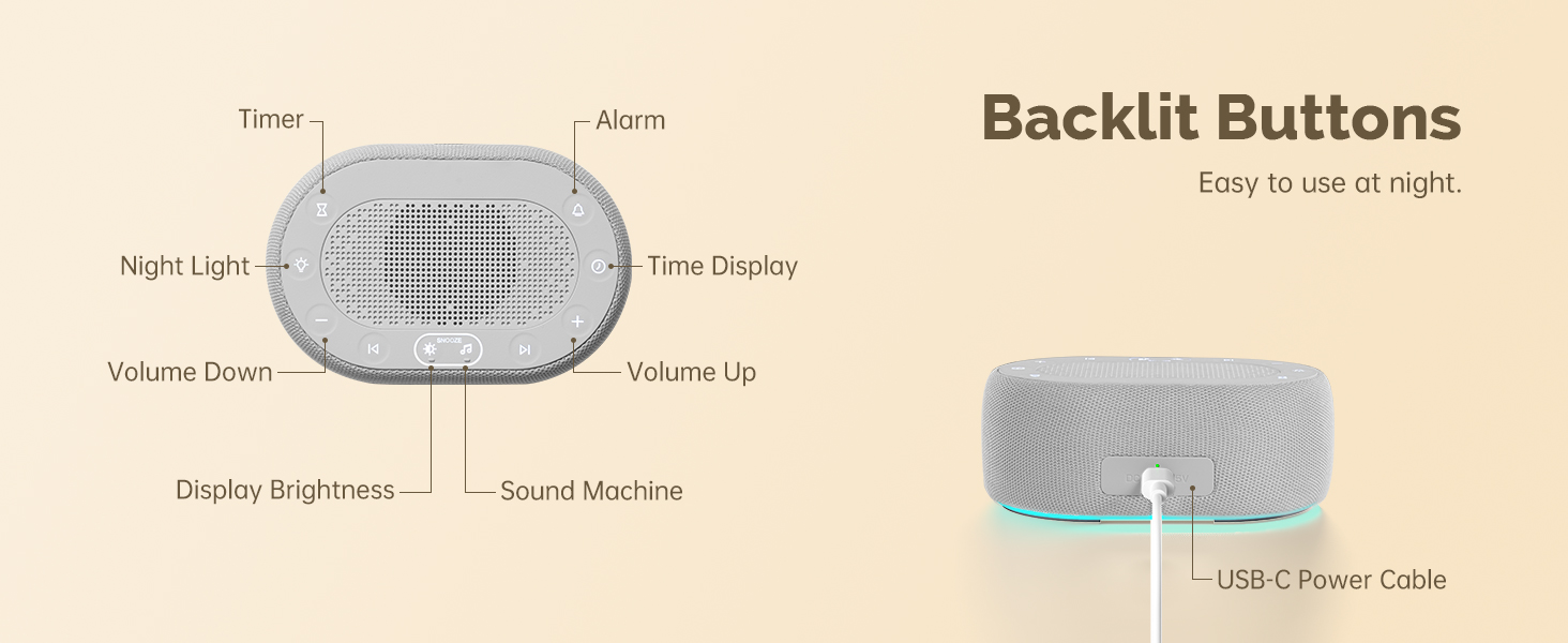 Brown Noise Sound Machine - Backlit Buttons. Easy to use at night