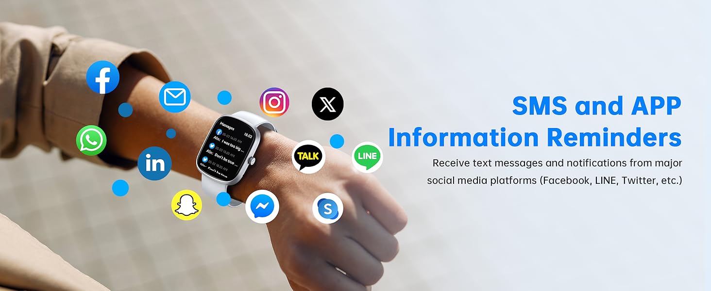 Smartwatch displaying app notifications with floating social media icons including WhatsApp, Instagram, and Facebook logos against a light background.