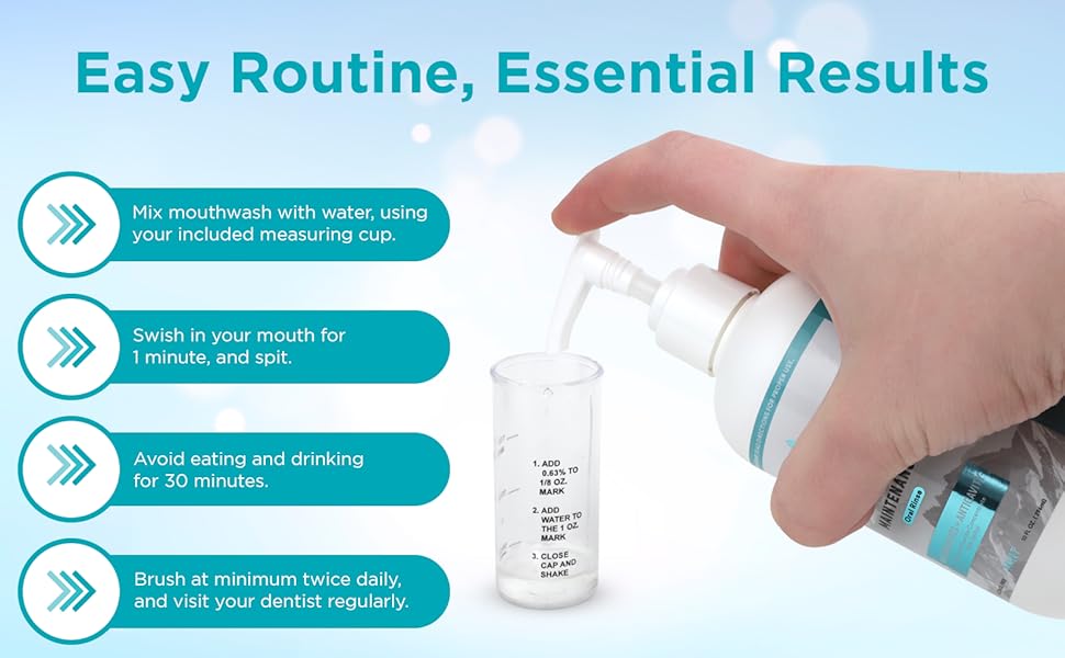 hand pumping travel mouthwash for kids and adults into measuring cup