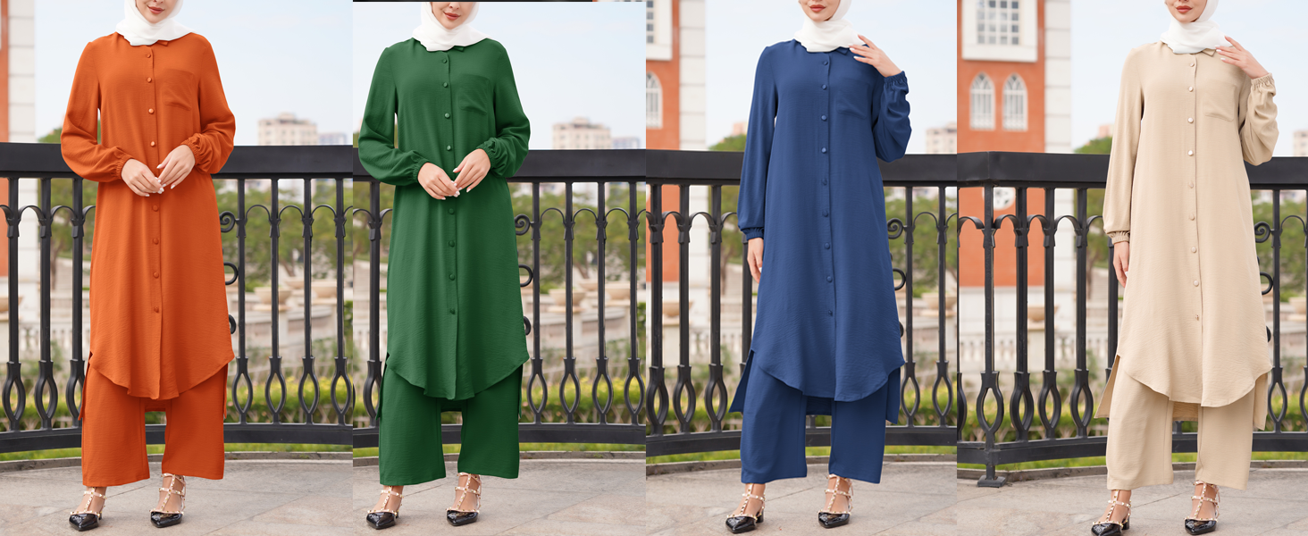 Women&#39;s Muslim 2 Pieces Sets Long Sleeve Button Down Shirt and Pants Abaya Casual Dress Dubai
