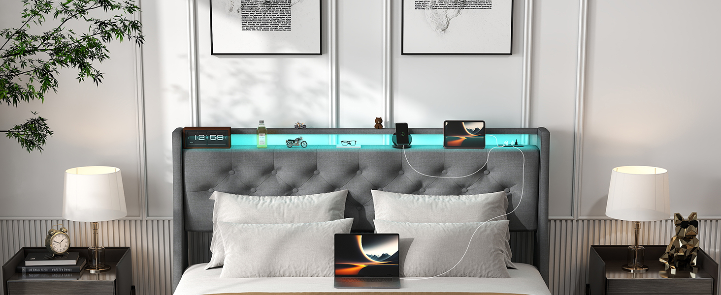 LED bed frame with charging station and 2 drawers