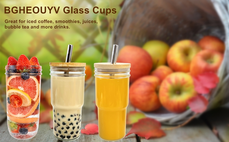 4 Pack Glass Cups with Lids and Straws, 24oz Iced Coffee