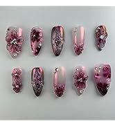 Almond Press on Nails Medium Fake Nails with Designs Flower Stick on Nails Retro Red French False...