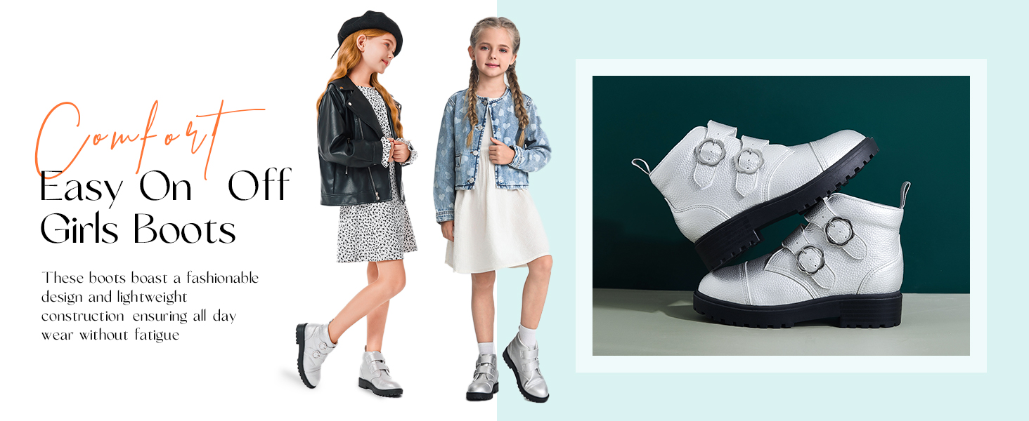 Girls Ankle Boots Kids Combat Boots Flower Buckle Straps Low Heel Fall Winter Booties Shoes