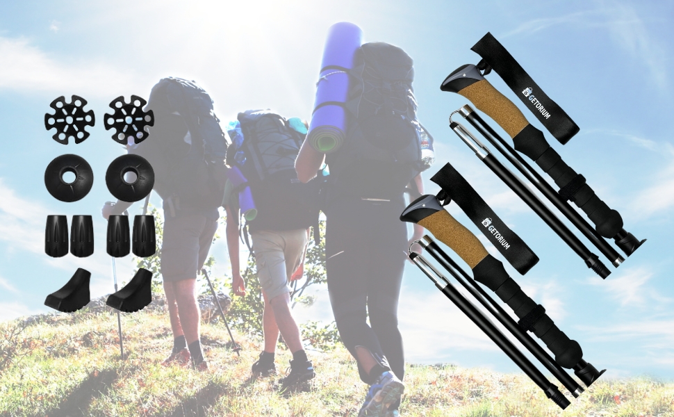 GETORIUM trekking poles with carry bag and tips on a hiking trail.