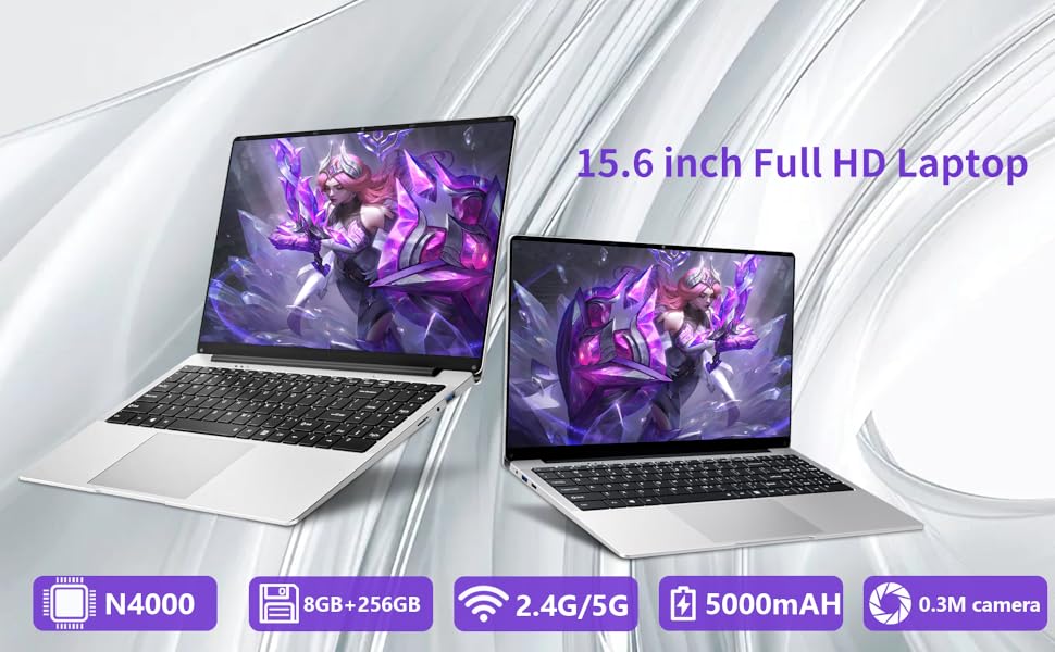 Le texte indique « Ordinateur portable Full HD 15,6 pouces », « N4000 », « 8 Go+256 Go », « 2,4 G/5G », « 5 000 mAh ». Angles multiples d'un ordinateur portable argenté avec écran violet dans différentes positions sur fond blanc.