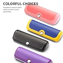 PetPog Blue & Yellow Deshedding Brush – Everyday Comfort Grooming Tool for Dogs, Cats & Horses – Gentle on Skin, Removes Loose Fur, Ergonomic & Easy Clean, For Long and Short Hair 20 Text reads 'COLORFUL CHOICES'. Product lineup showing multiple colored cases or holders arranged in a row, including red, blue, yellow, black, and purple options.