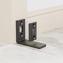 Türstopperhalterung aus dunklem Metall am Boden mit verstellbarer Positionierplatte und Befestigungslöchern an der weißen Fußleiste