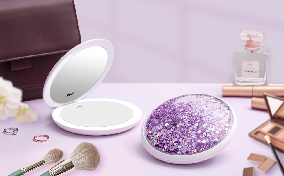 20x Magnifying Mirror, 5 Inch Compact Travel Mirror, Liquid Bling Portable Close Up Mirror