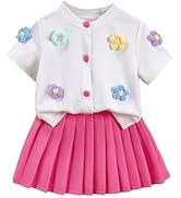 WDIRARA Toddler Girl's Cute 2 Piece Outfits Floral Applique Knit Tee Pleated Skirt Set