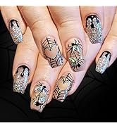 Black Press on Nails Medium Square Fake Nails with Designs Cobweb Stick on Nail Halloween Acrylic...
