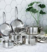 Vintage Tri Ply 18/10 Stainless Steel Cookware Set With Matching Lids Hammered Silver induction pans
