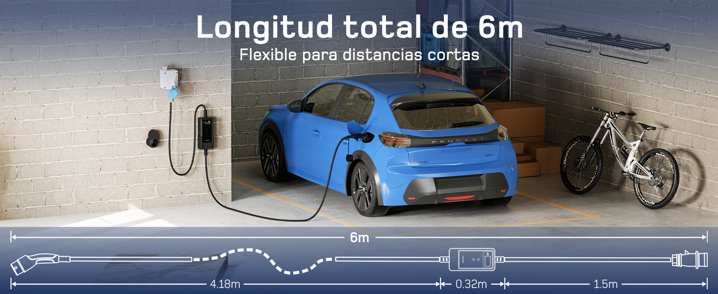 El texto dice «Longitud total de 6 m». Diagrama que muestra el diseño de la estación de carga con un vehículo eléctrico y una bicicleta azules, que indica las diferentes medidas de distancia a lo largo de un tramo de 6 m.