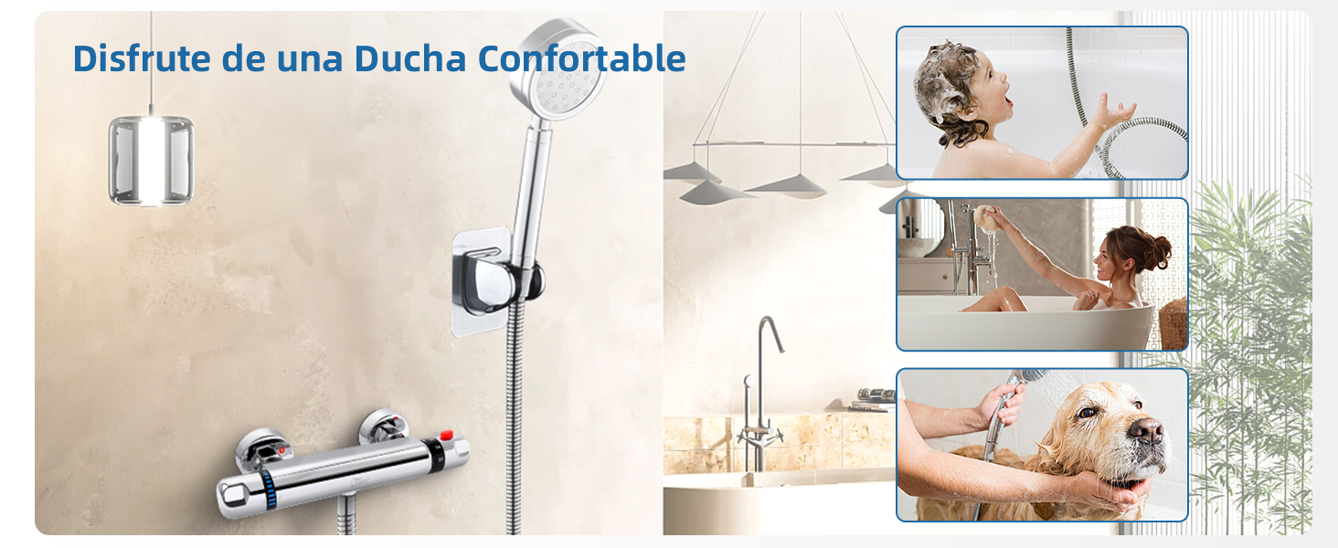 para baño que muestra un sistema de ducha termostático cromado con rociador manual y paneles de demostración de usos múltiples